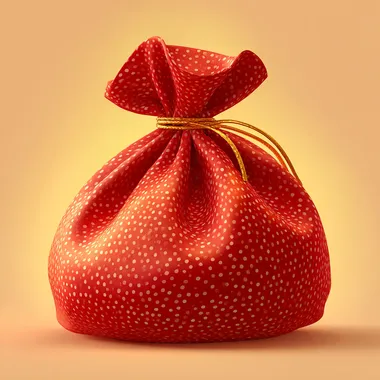 Help me generate a red lucky bag, with 3D effect, cartoon style, light gold background, and shiny want more texture. Remove the pattern on the lucky bag The red should be lighter, and the lucky bag should be brighter
