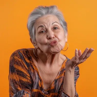 A old woman 60 years with short grey hair is blowing a kiss to the camera in her home. She is dressed casually and wearing hoop earrings. The scene is captured from an angle that highlights both her face and upper body, background flat orange   --s 50