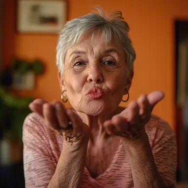 A old woman 60 years with short grey hair is blowing a kiss to the camera in her home. She is dressed casually and wearing hoop earrings. The scene is captured from an angle that highlights both her face and upper body, background flat orange   --s 50