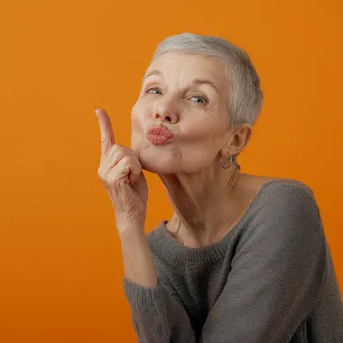 A old woman 60 years with short grey hair is blowing a kiss to the camera in her home. She is dressed casually and wearing hoop earrings. The scene is captured from an angle that highlights both her face and upper body, background flat orange   --s 50