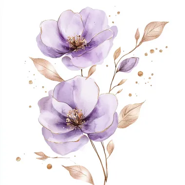 Watercolor lilac purple flower CLIPART with rose gold accents glitters stems with rose gold leaves on a white background in the elegant and luxury style, with a semi transparent effect, soft edges and blurred details in the water color painting style, with splashes of alcohol ink creating pastel colors in a detailed illustration style, at an ultra-high definition resolution with high detail and quality, in a hyper realistic style with hyper-detailed effects and hyper-fine lines in a hyper-sketchy, hyper-style