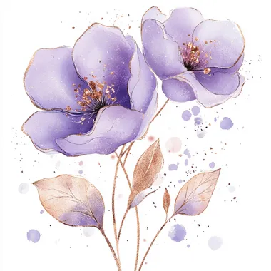 Watercolor lilac purple flower CLIPART with rose gold accents glitters stems with rose gold leaves on a white background in the elegant and luxury style, with a semi transparent effect, soft edges and blurred details in the water color painting style, with splashes of alcohol ink creating pastel colors in a detailed illustration style, at an ultra-high definition resolution with high detail and quality, in a hyper realistic style with hyper-detailed effects and hyper-fine lines in a hyper-sketchy, hyper-style