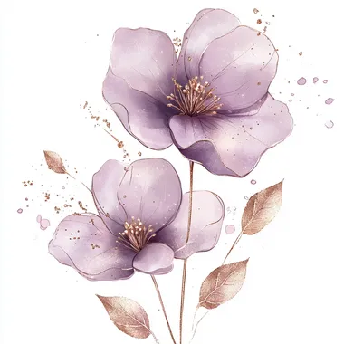Watercolor lilac purple flower CLIPART with rose gold accents glitters stems with rose gold leaves on a white background in the elegant and luxury style, with a semi transparent effect, soft edges and blurred details in the water color painting style, with splashes of alcohol ink creating pastel colors in a detailed illustration style, at an ultra-high definition resolution with high detail and quality, in a hyper realistic style with hyper-detailed effects and hyper-fine lines in a hyper-sketchy, hyper-style