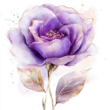 Watercolor lilac purple flower CLIPART with rose gold accents glitters stems with rose gold leaves on a white background in the elegant and luxury style, with a semi transparent effect, soft edges and blurred details in the water color painting style, with splashes of alcohol ink creating pastel colors in a detailed illustration style, at an ultra-high definition resolution with high detail and quality, in a hyper realistic style with hyper-detailed effects and hyper-fine lines in a hyper-sketchy, hyper-style
