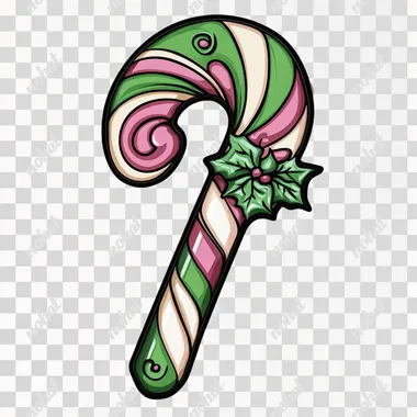 oversized candy cane with a peppermint swirl design, leaning playfully to one side, bright colors, isolated for die-cut, no background, festive and whimsical cartoon style