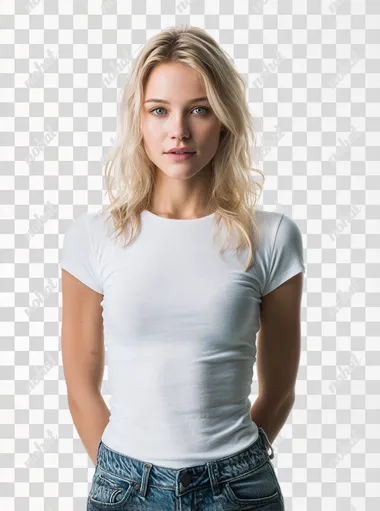 full body portrait of a blonde female influencer in her mid-twenties, standing straight facing camera, neutral pose, slender build, wearing simple form-fitting white t-shirt and jeans, against plain white background, professional studio lighting, modeling agency portfolio photo, high resolution, 85mm lens, photorealistic, natural expression  --raw