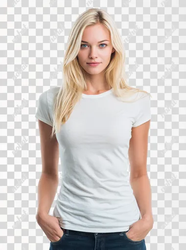 full body portrait of a blonde female influencer in her mid-twenties, standing straight facing camera, neutral pose, slender build, wearing simple form-fitting white t-shirt and jeans, against plain white background, professional studio lighting, modeling agency portfolio photo, high resolution, 85mm lens, photorealistic, natural expression  --raw