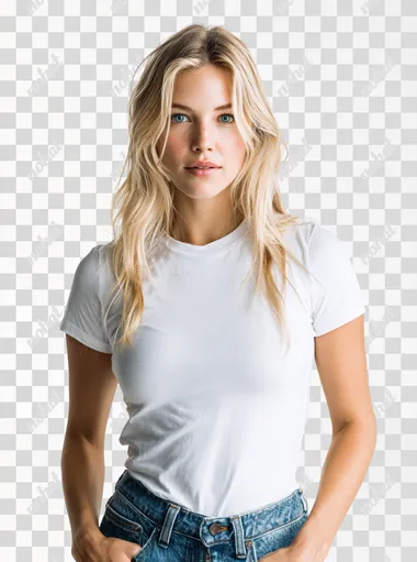 full body portrait of a blonde female influencer in her mid-twenties, standing straight facing camera, neutral pose, slender build, wearing simple form-fitting white t-shirt and jeans, against plain white background, professional studio lighting, modeling agency portfolio photo, high resolution, 85mm lens, photorealistic, natural expression  --raw