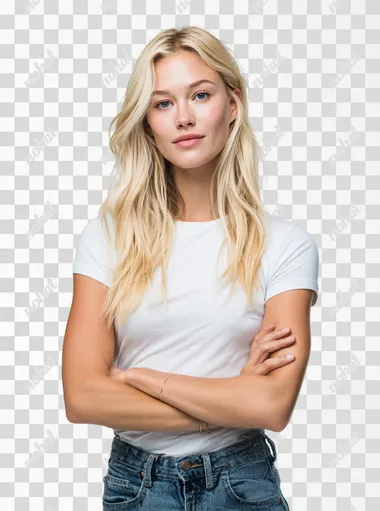 full body portrait of a blonde female influencer in her mid-twenties, standing straight facing camera, neutral pose, slender build, wearing simple form-fitting white t-shirt and jeans, against plain white background, professional studio lighting, modeling agency portfolio photo, high resolution, 85mm lens, photorealistic, natural expression  --raw