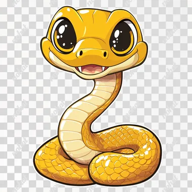 Cute cartoon snake, vector illustration with a black background. The cute yellow and white cobra has large eyes, is smiling, and winking, looking very friendly. It stands on the floor in front of you. This sticker can be used for various purposes, such as graphic design elements or t-shirt prints. Cartoon style, vector graphics, vector art. Vector graphics, sticker designs, cute snakes. Black background.