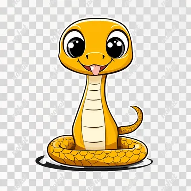 Cute cartoon snake, vector illustration with a black background. The cute yellow and white cobra has large eyes, is smiling, and winking, looking very friendly. It stands on the floor in front of you. This sticker can be used for various purposes, such as graphic design elements or t-shirt prints. Cartoon style, vector graphics, vector art. Vector graphics, sticker designs, cute snakes. Black background.