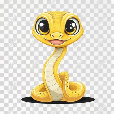 Cute cartoon snake, vector illustration with a black background. The cute yellow and white cobra has large eyes, is smiling, and winking, looking very friendly. It stands on the floor in front of you. This sticker can be used for various purposes, such as graphic design elements or t-shirt prints. Cartoon style, vector graphics, vector art. Vector graphics, sticker designs, cute snakes. Black background.