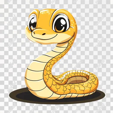 Cute cartoon snake, vector illustration with a black background. The cute yellow and white cobra has large eyes, is smiling, and winking, looking very friendly. It stands on the floor in front of you. This sticker can be used for various purposes, such as graphic design elements or t-shirt prints. Cartoon style, vector graphics, vector art. Vector graphics, sticker designs, cute snakes. Black background.