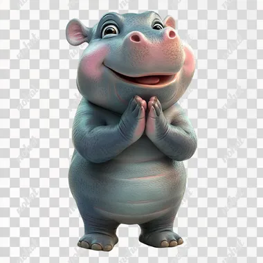 a cute 3d cartoon of little baby female hippopotamus moodeng, pink cheek, open mouth smiling, standing on 4 feet, and 2 hand pose praying ,looking at the camera in white background