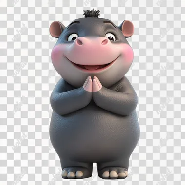 a cute 3d cartoon of little baby female hippopotamus moodeng, pink cheek, open mouth smiling, standing on 4 feet, and 2 hand pose praying ,looking at the camera in white background