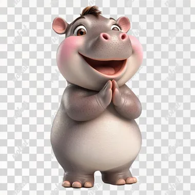 a cute 3d cartoon of little baby female hippopotamus moodeng, pink cheek, open mouth smiling, standing on 4 feet, and 2 hand pose praying ,looking at the camera in white background