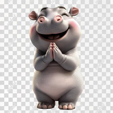 a cute 3d cartoon of little baby female hippopotamus moodeng, pink cheek, open mouth smiling, standing on 4 feet, and 2 hand pose praying ,looking at the camera in white background