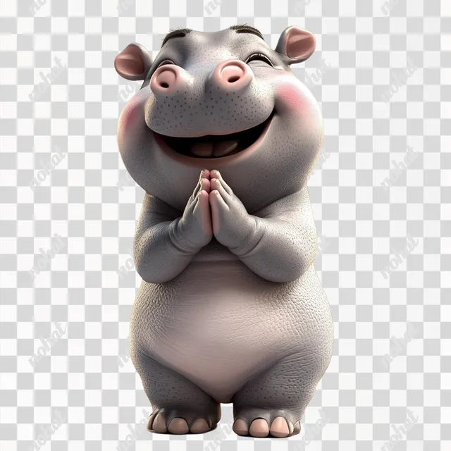 png cute 3d cartoon baby hippo praying with pink cheeks