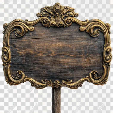 renaissance fair ornate wood with gold sign with wooden stake in the ground on white background to clip.  --s 250