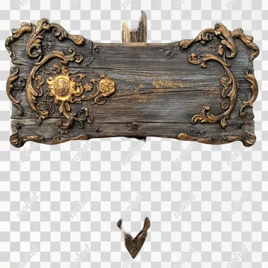 renaissance fair ornate wood with gold sign with wooden stake in the ground on white background to clip.  --s 250