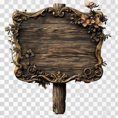 renaissance fair ornate wood with gold sign with wooden stake in the ground on white background to clip.  --s 250