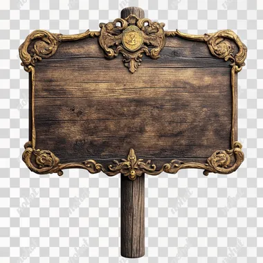renaissance fair ornate wood with gold sign with wooden stake in the ground on white background to clip.  --s 250
