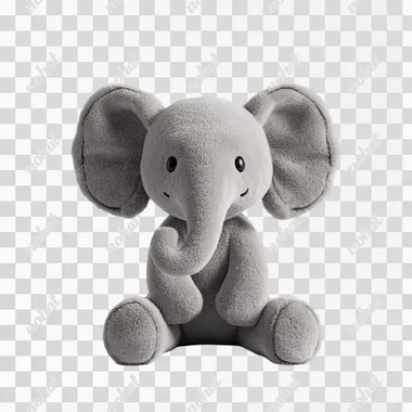 A cute elephant plush toy with small round eyes, big ears, long nose, fluffy fur, sitting on the ground, front view, minimalist white background, 3D rendering, super details, natural lighting white minimalist background