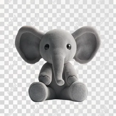 A cute elephant plush toy with small round eyes, big ears, long nose, fluffy fur, sitting on the ground, front view, minimalist white background, 3D rendering, super details, natural lighting white minimalist background