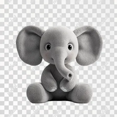 A cute elephant plush toy with small round eyes, big ears, long nose, fluffy fur, sitting on the ground, front view, minimalist white background, 3D rendering, super details, natural lighting white minimalist background