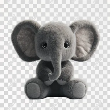 A cute elephant plush toy with small round eyes, big ears, long nose, fluffy fur, sitting on the ground, front view, minimalist white background, 3D rendering, super details, natural lighting white minimalist background