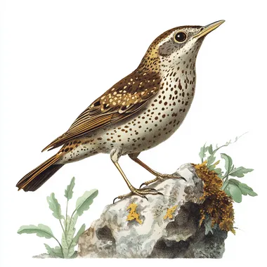 vintage illustration of a bird , speckled bird, all brown, bird is standing, clipart white background --s 250