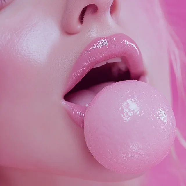 Close-Up of Woman's Lips with Rose Petal and Tennis Ball, Pink Aesthetic