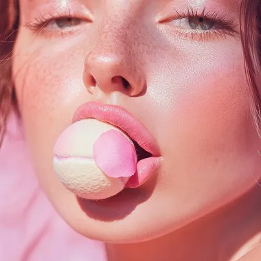 A woman's tongue is sticking out and holding a rose petal in her mouth, a pink aesthetic photo with a close-up of an open girl's lips against a white background, in the style of an Instagram story. A close-up of a tennis ball on the side of a beautiful female face, a pink pastel aesthetic photo