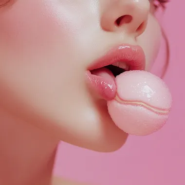 A woman's tongue is sticking out and holding a rose petal in her mouth, a pink aesthetic photo with a close-up of an open girl's lips against a white background, in the style of an Instagram story. A close-up of a tennis ball on the side of a beautiful female face, a pink pastel aesthetic photo