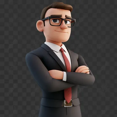 A professional manager, profile, arms crossed over chest, tie, cartoon IP figure, 3D, Bubble Mat, C4D, octane renderer, white background