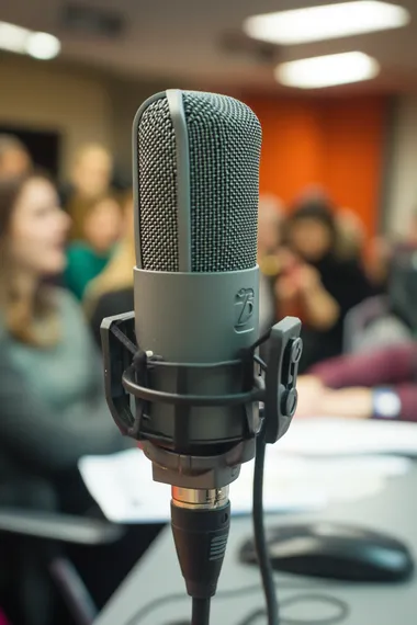 a close up of a microphone in the foreground, with a an attentive crowd in the background. Hip office setting, background is blurred