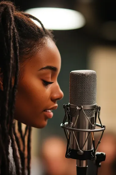 a close up of a microphone in the foreground, with a an attentive crowd in the background. Hip office setting, background is blurred