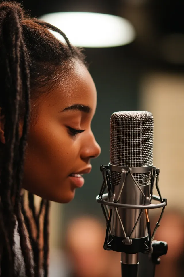 Woman with dreadlocks singing into a microphone in hip office crowd