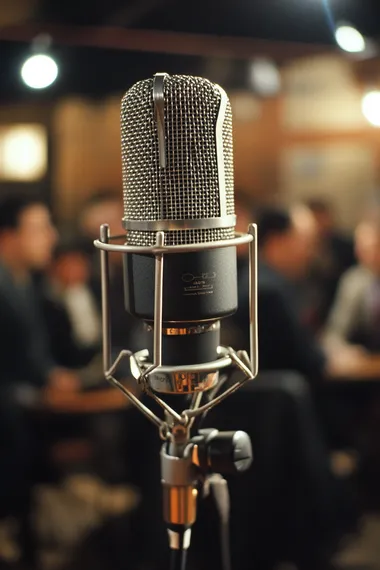 a close up of a microphone in the foreground, with a an attentive crowd in the background. Hip office setting, background is blurred