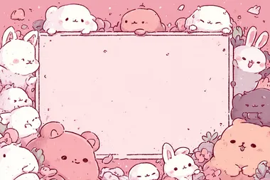 cute cartoon-style background board for QR codes, with two blank spaces for QR codes, surrounded by a soft decorative frame, pastel pink and wax colors, with adorable chibi-style animals like bunnies, kittens, and bears playfully peeking from the borders, soft lighting, kawaii aesthetic, highly detailed, clean layout, vector illustration style.    7l7o33a