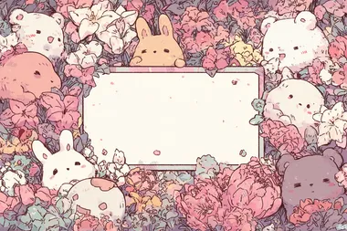 cute cartoon-style background board for QR codes, with two blank spaces for QR codes, surrounded by a soft decorative frame, pastel pink and wax colors, with adorable chibi-style animals like bunnies, kittens, and bears playfully peeking from the borders, soft lighting, kawaii aesthetic, highly detailed, clean layout, vector illustration style.    7l7o33a