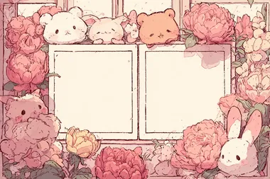 cute cartoon-style background board for QR codes, with two blank spaces for QR codes, surrounded by a soft decorative frame, pastel pink and wax colors, with adorable chibi-style animals like bunnies, kittens, and bears playfully peeking from the borders, soft lighting, kawaii aesthetic, highly detailed, clean layout, vector illustration style.    7l7o33a
