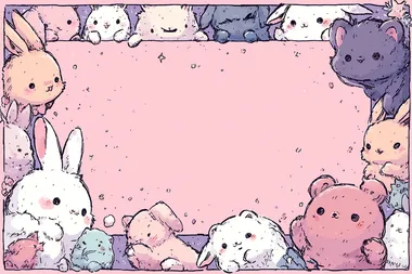 cute cartoon-style background board for QR codes, with two blank spaces for QR codes, surrounded by a soft decorative frame, pastel pink and wax colors, with adorable chibi-style animals like bunnies, kittens, and bears playfully peeking from the borders, soft lighting, kawaii aesthetic, highly detailed, clean layout, vector illustration style.    7l7o33a