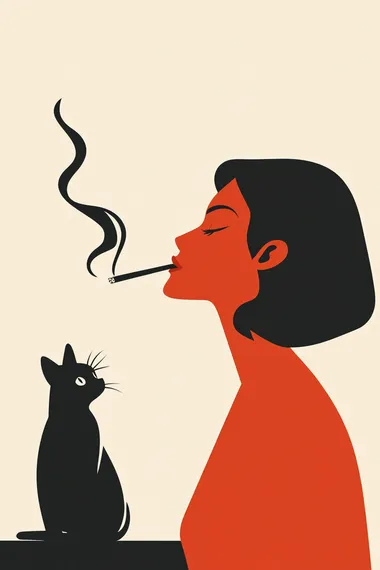 minimalist flat design illustration, a woman with a cigarette and an esspresso, include a black cat