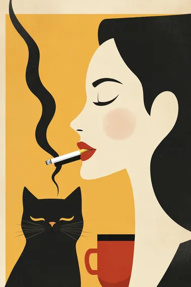 minimalist flat design illustration, a woman with a cigarette and an esspresso, include a black cat