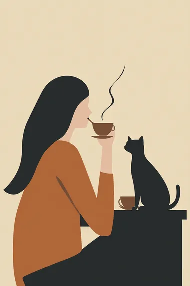 minimalist flat design illustration, a woman with a cigarette and an esspresso, include a black cat