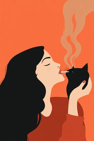 minimalist flat design illustration, a woman with a cigarette and an esspresso, include a black cat