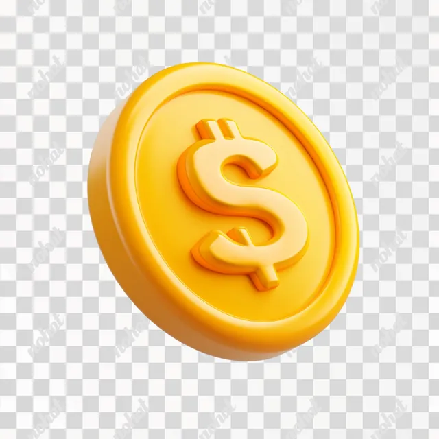 PNG 3D yellow dollar coin icon for finance, minimalistic design, cute style