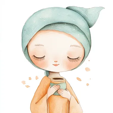 Joanna, gentle expression, soft peach robe, light blue head covering, holding a small jar isolated on a white background, watercolor and colored pencil style, childrens book, Scandinavian style  rofile ttyjyvr