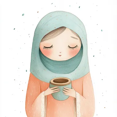 Joanna, gentle expression, soft peach robe, light blue head covering, holding a small jar isolated on a white background, watercolor and colored pencil style, childrens book, Scandinavian style  rofile ttyjyvr